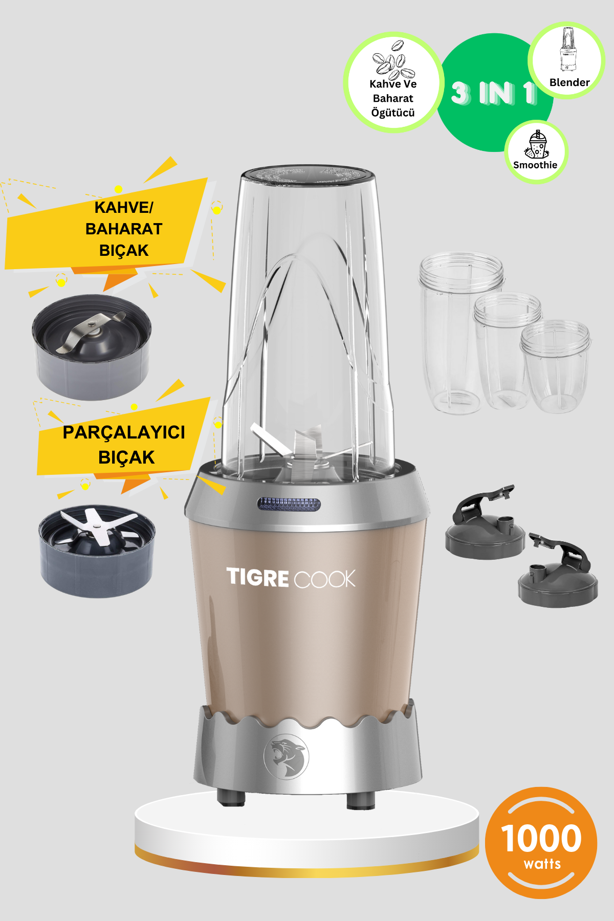 NUTRISHAKE 3 in 1 Paslanmaz Çelik Bıçaklı Kişisel Smoothie Blender ve Kahve Baharat Öğütücü 1000W GOLD