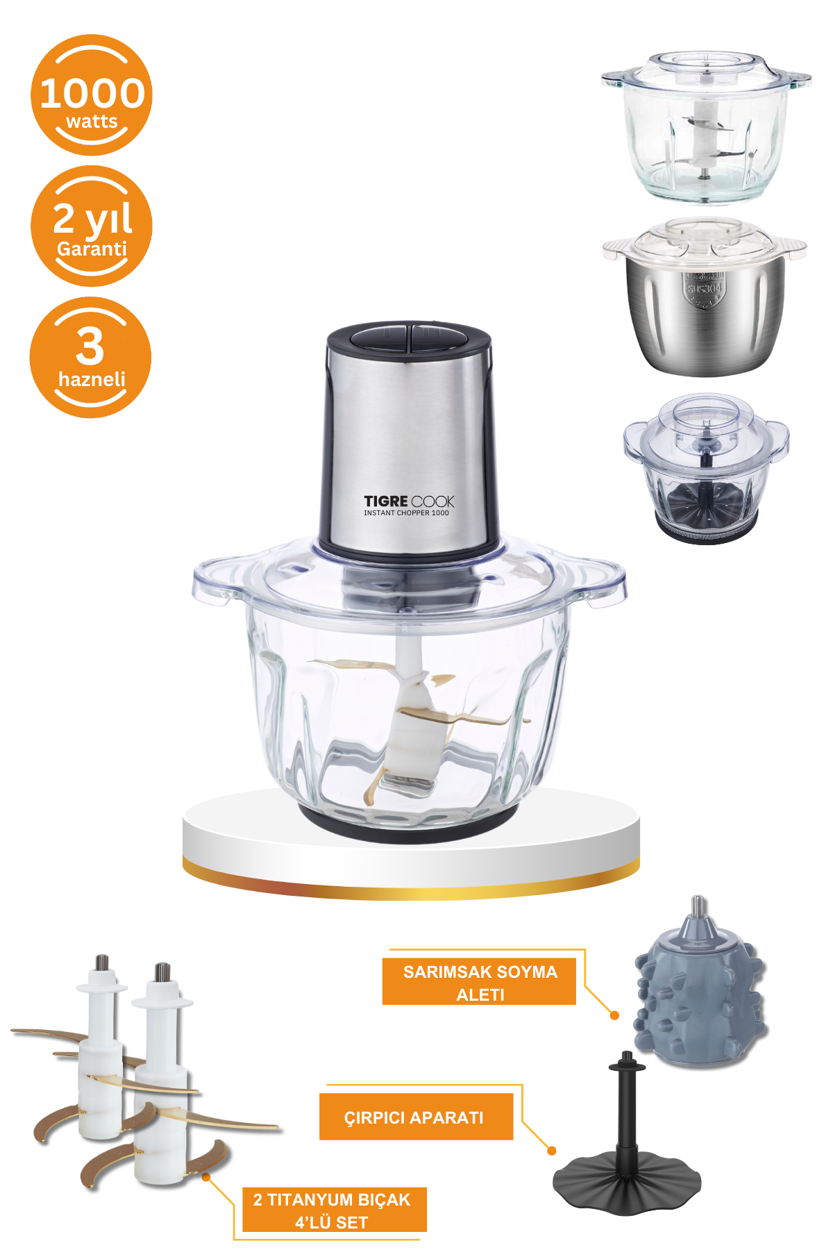 Instantchopper 1000 PRO – 2.3 L Cam ve Çelik Hazneli Et Kıyma & Sebze Rondo Doğrayıcı + Ekstra 1.2 L Hazne
